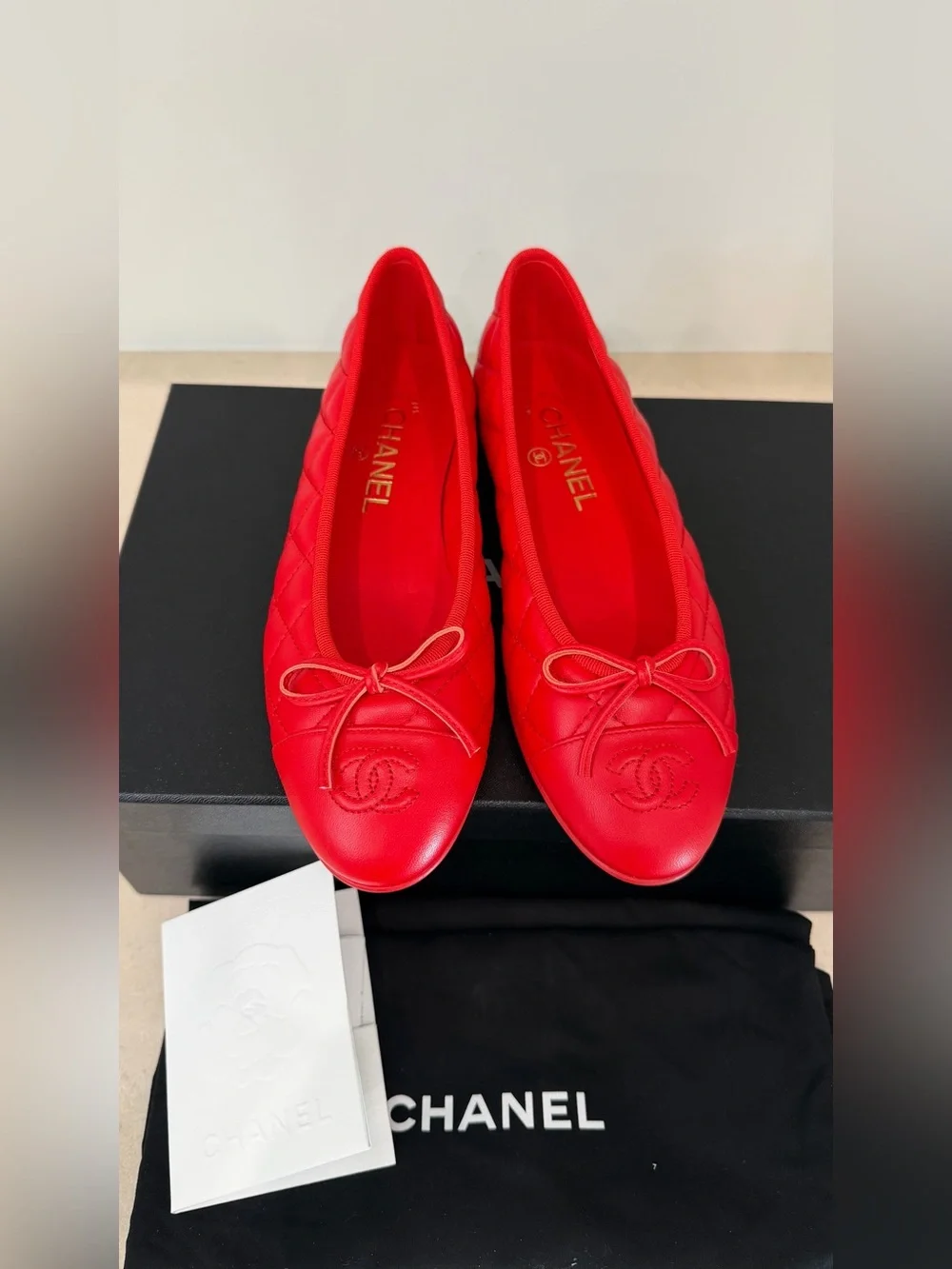 Chanel Quilted Ballet Flats in Bright Red, Size 36.5 (Brand New)